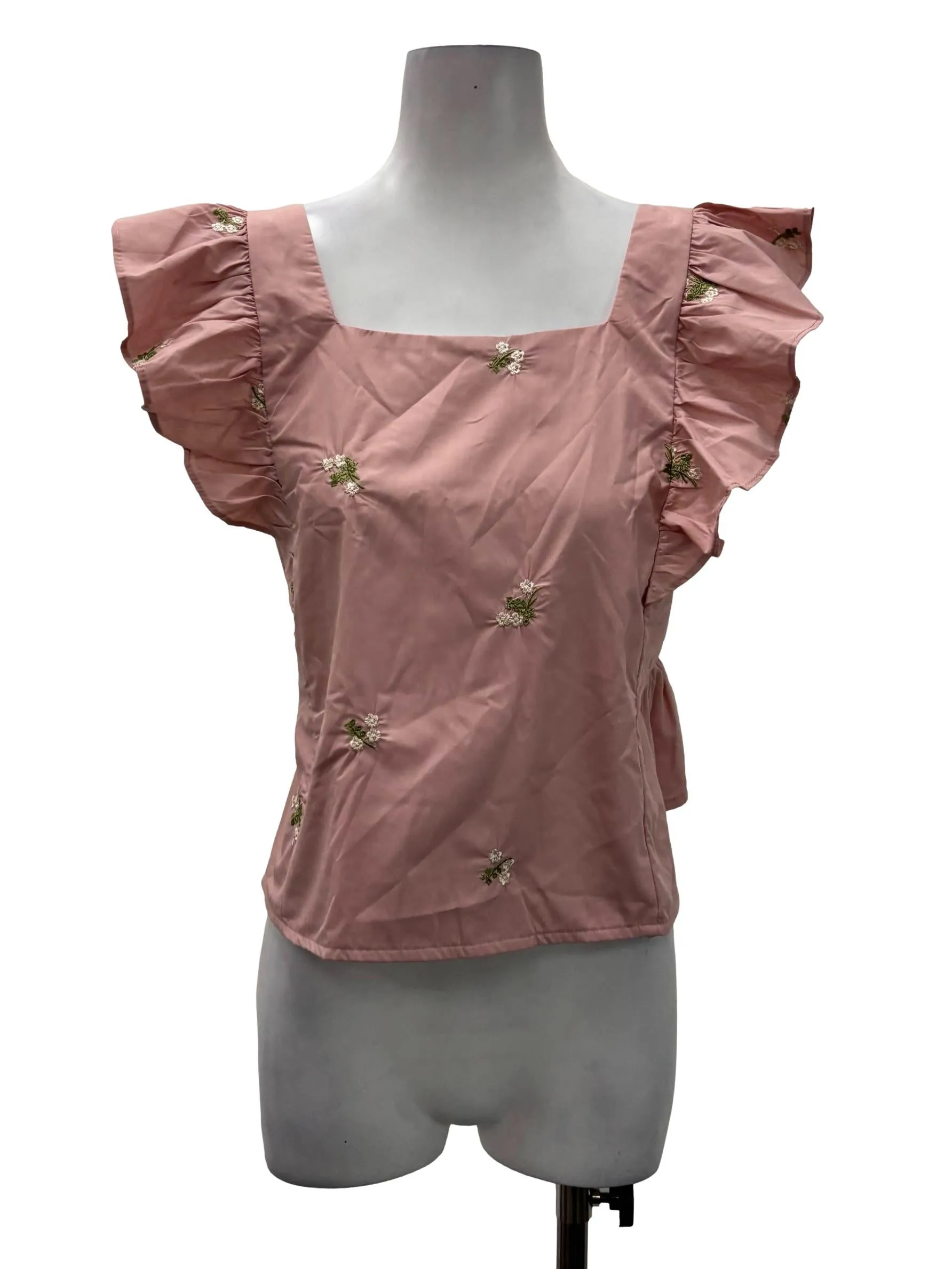 Pink Ruffle Sleeve Across Neck Blouse