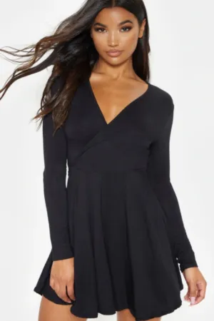 Plunge Neck Mini Black Flare Dress