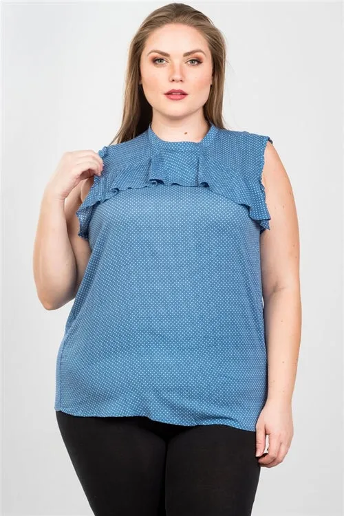 Plus || Ruffle Polka Dot Bow Back Top | Blue