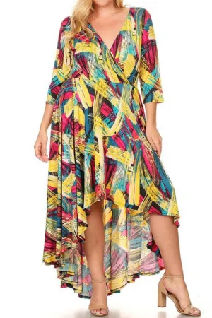 Plus Size Brush Strokes V Neck Waist Tie Hi-Lo Dress