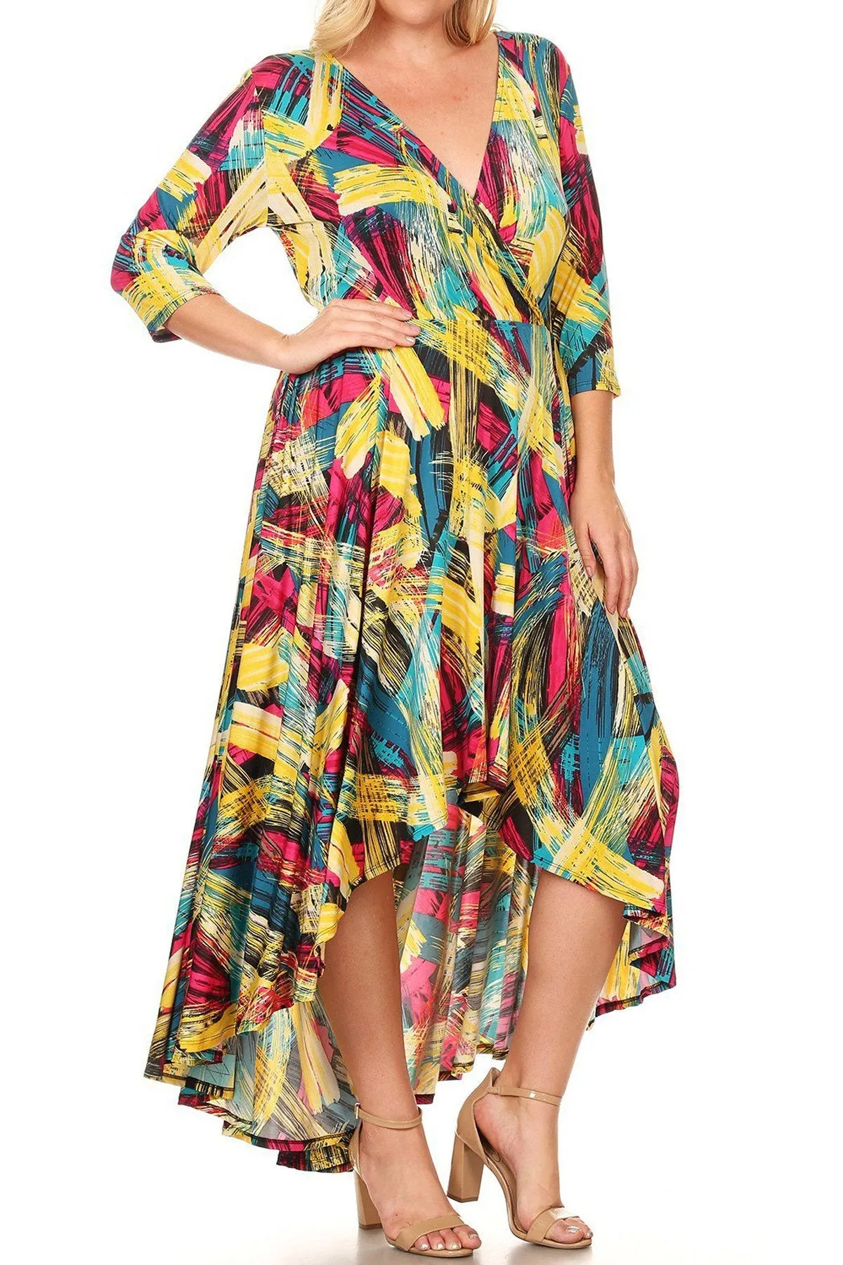 Plus Size Brush Strokes V Neck Waist Tie Hi-Lo Dress