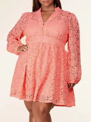 PLUS SIZE LONG SLEEVE LACE V-NECK FIT & FLARE MINI DRESS
