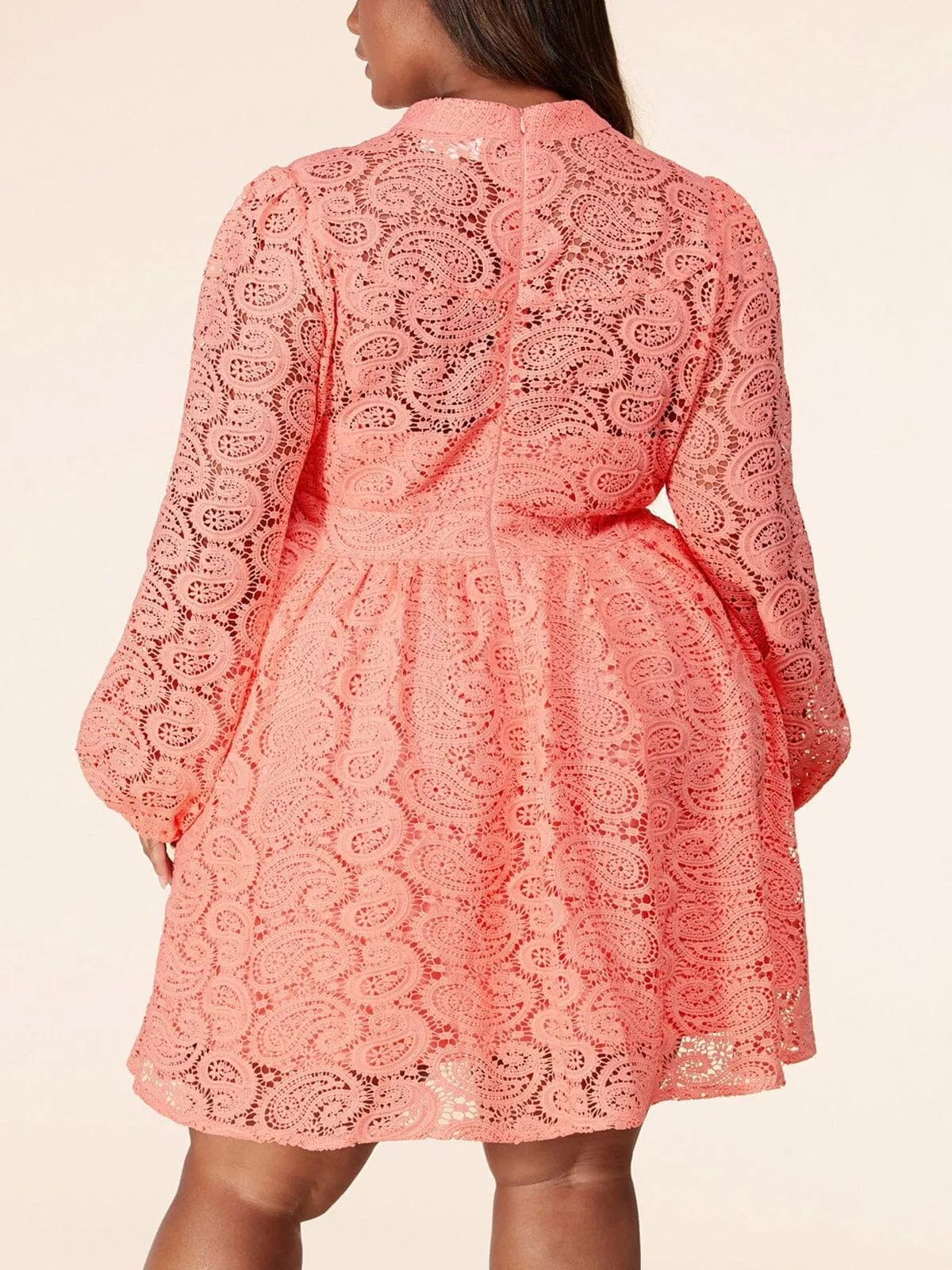 PLUS SIZE LONG SLEEVE LACE V-NECK FIT & FLARE MINI DRESS