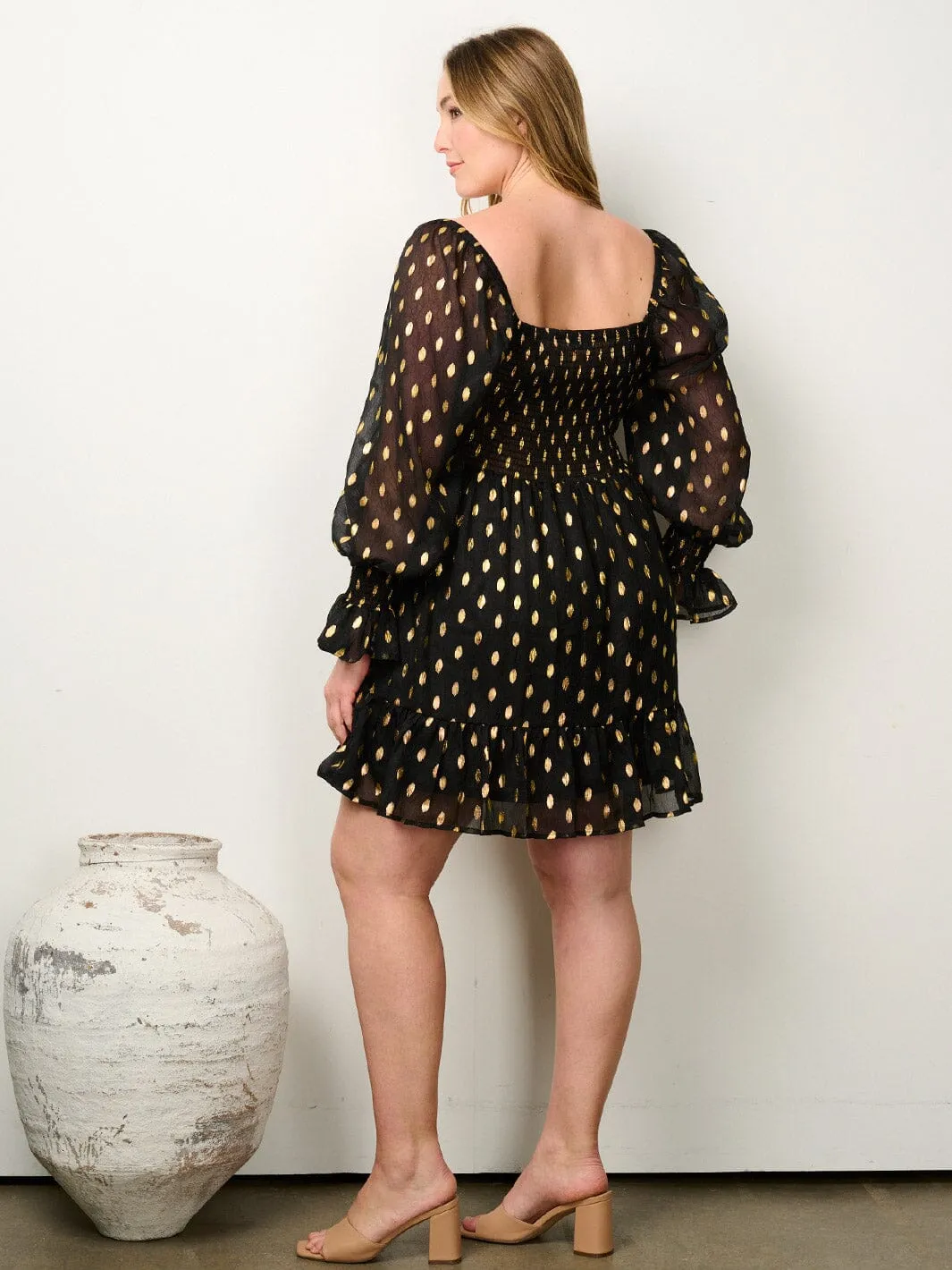 PLUS SIZE LONG SLEEVE RUFFLE SHIMMER FIT & FLARE MINI DRESS