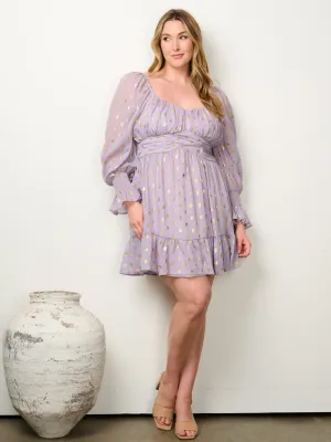 PLUS SIZE LONG SLEEVE RUFFLE SHIMMER FIT & FLARE MINI DRESS