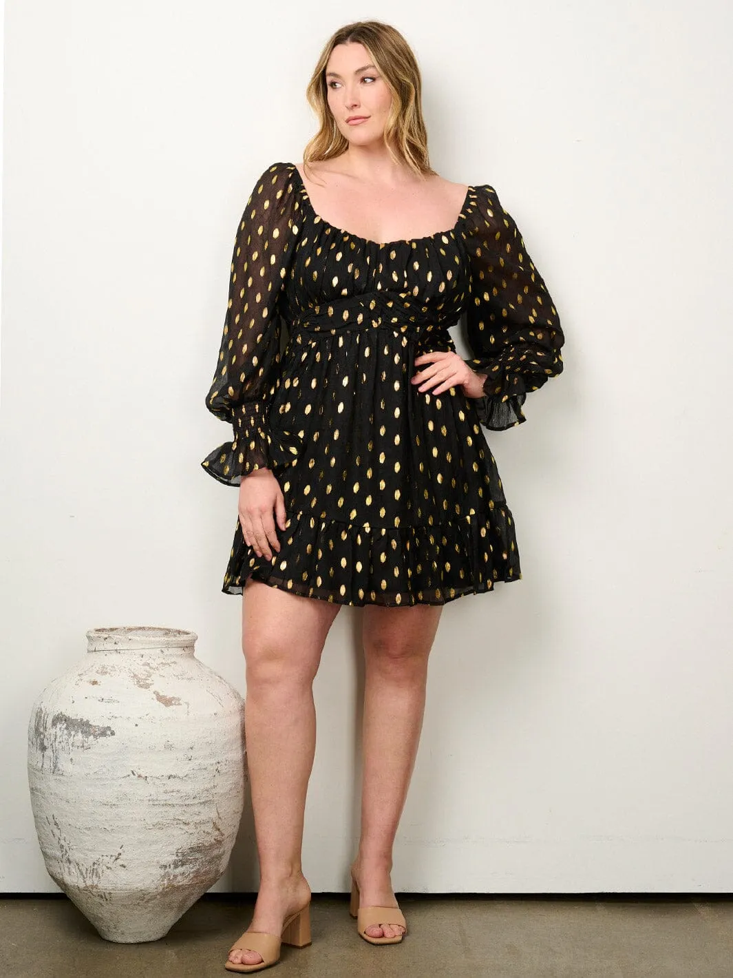 PLUS SIZE LONG SLEEVE RUFFLE SHIMMER FIT & FLARE MINI DRESS