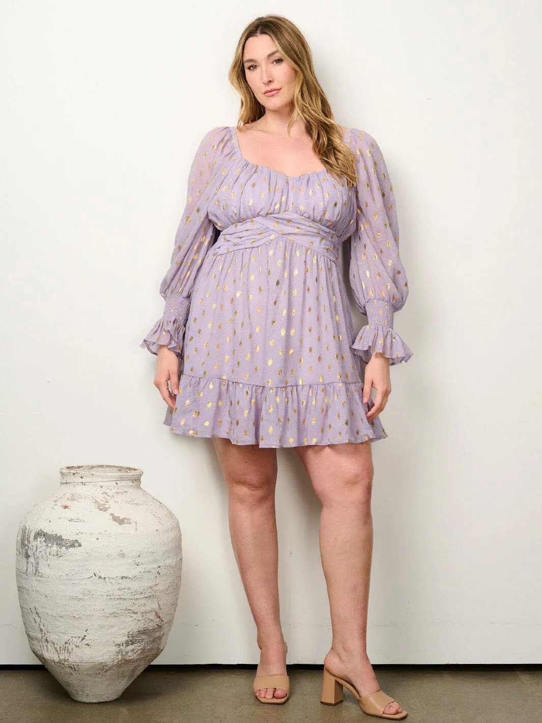 PLUS SIZE LONG SLEEVE RUFFLE SHIMMER FIT & FLARE MINI DRESS
