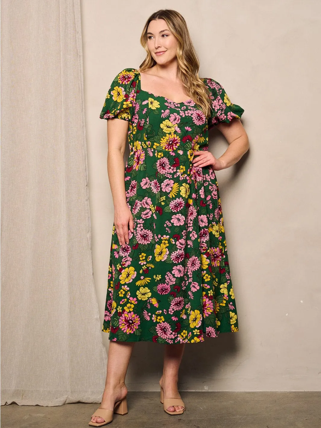 PLUS SIZE SHORT PUFF SLEEVE FIT & FLARE FLORAL MIDI DRESS