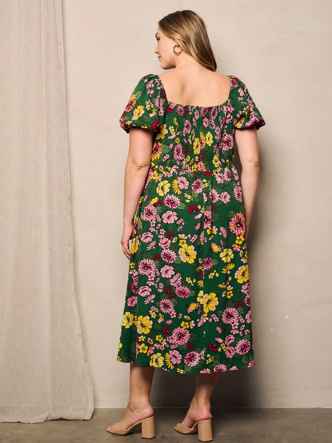 PLUS SIZE SHORT PUFF SLEEVE FIT & FLARE FLORAL MIDI DRESS