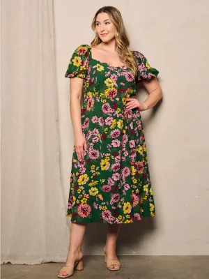 PLUS SIZE SHORT PUFF SLEEVE FIT & FLARE FLORAL MIDI DRESS