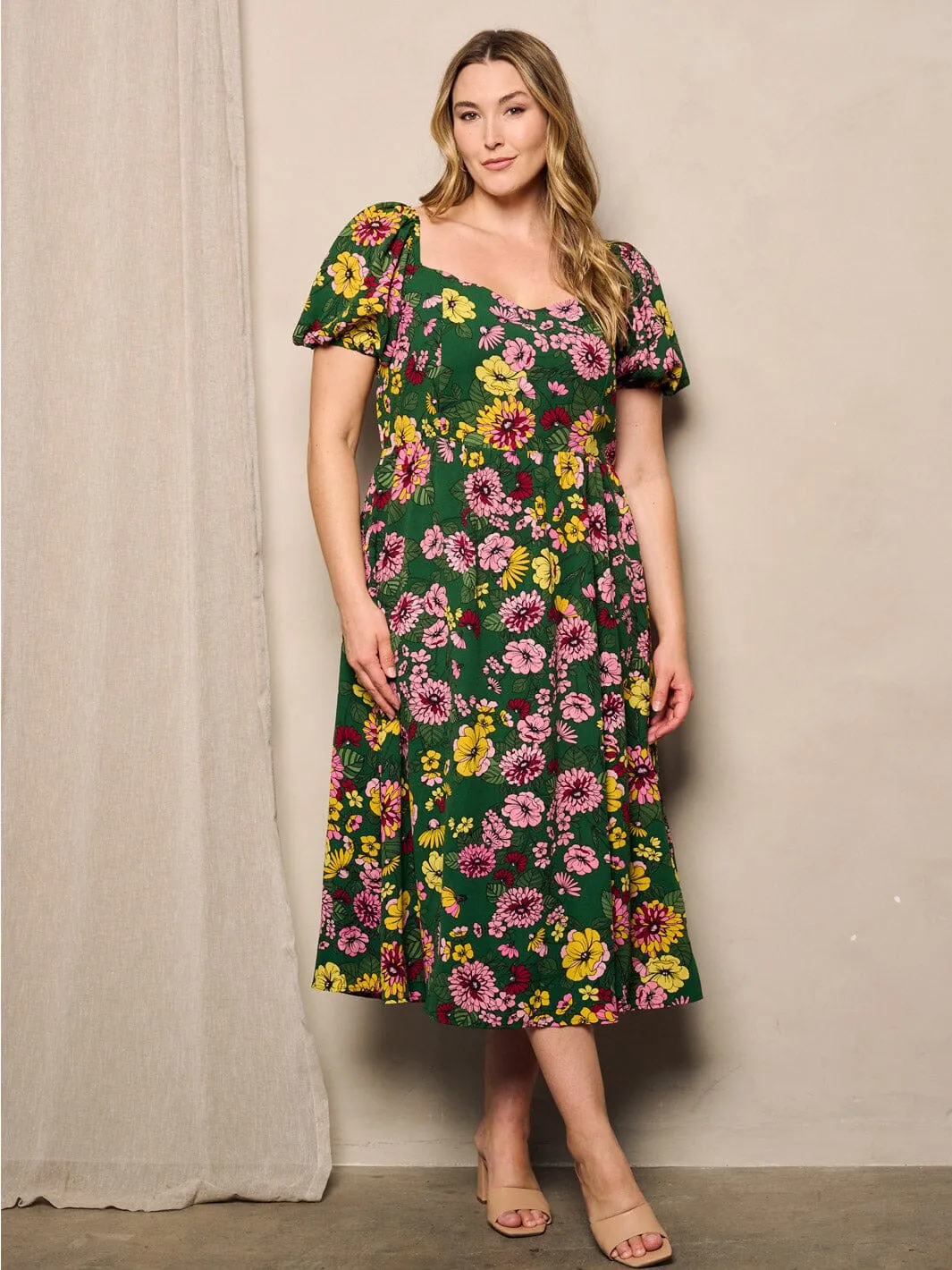 PLUS SIZE SHORT PUFF SLEEVE FIT & FLARE FLORAL MIDI DRESS