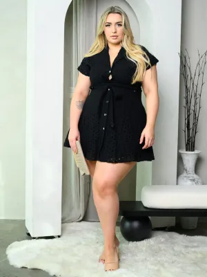 PLUS SIZE SHORT SLEEVE BUTTON UP FIT & FLARE EYELET MINI DRESS