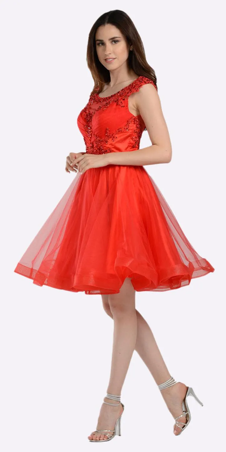 Poly USA 8098 Embellished Bodice Knee Length Illusion Dress