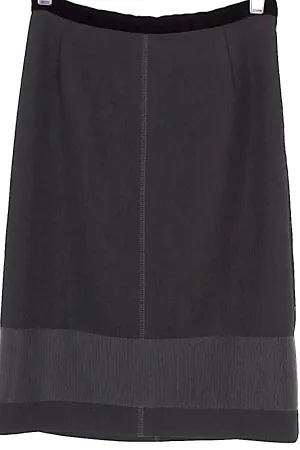 PRADA Italy. Black Virgin Wool Grosgrain Ribbon & Velvet Knee-Length Pencil Skirt
