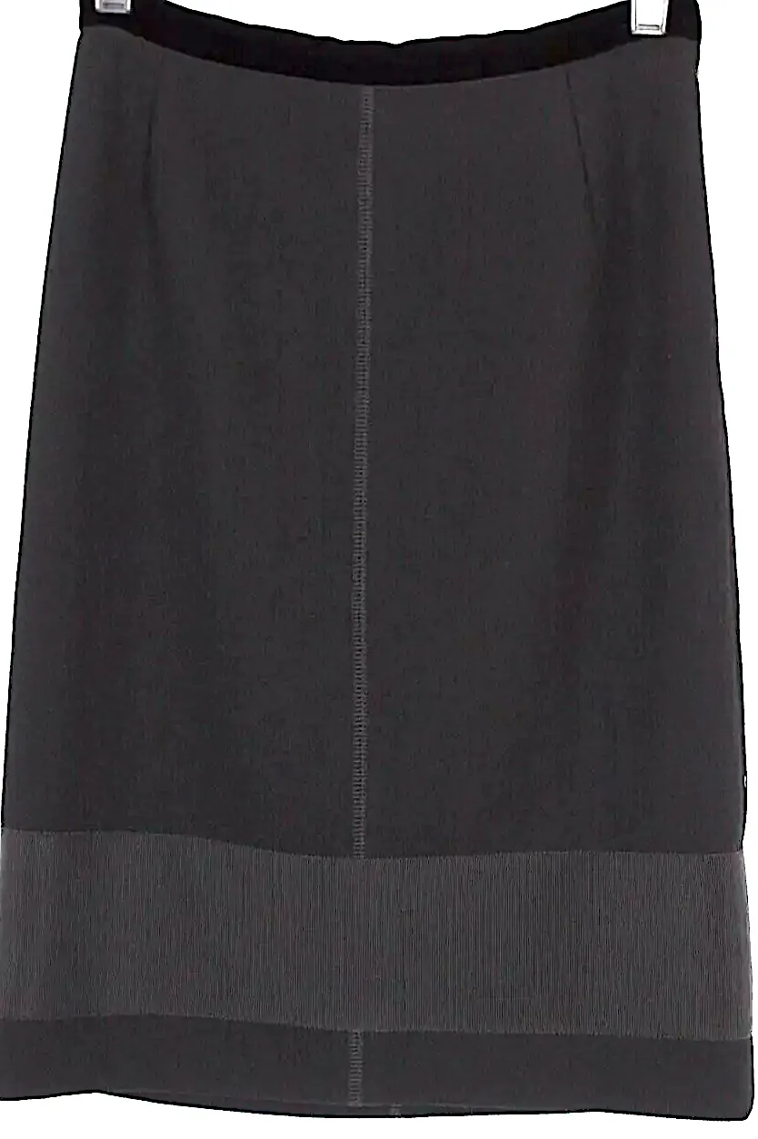 PRADA Italy. Black Virgin Wool Grosgrain Ribbon & Velvet Knee-Length Pencil Skirt