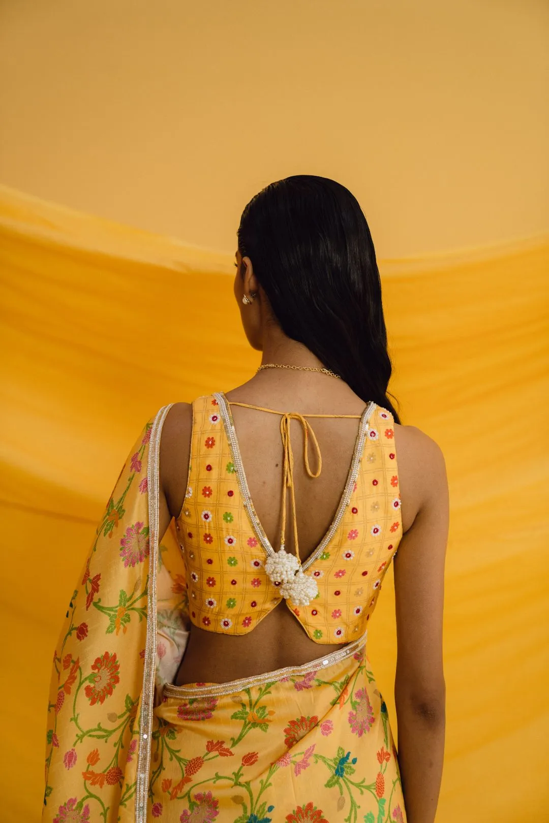 Printed Amber Saree Set with Matching Hand Embroidered Blouse