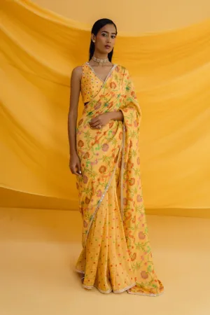 Printed Amber Saree Set with Matching Hand Embroidered Blouse
