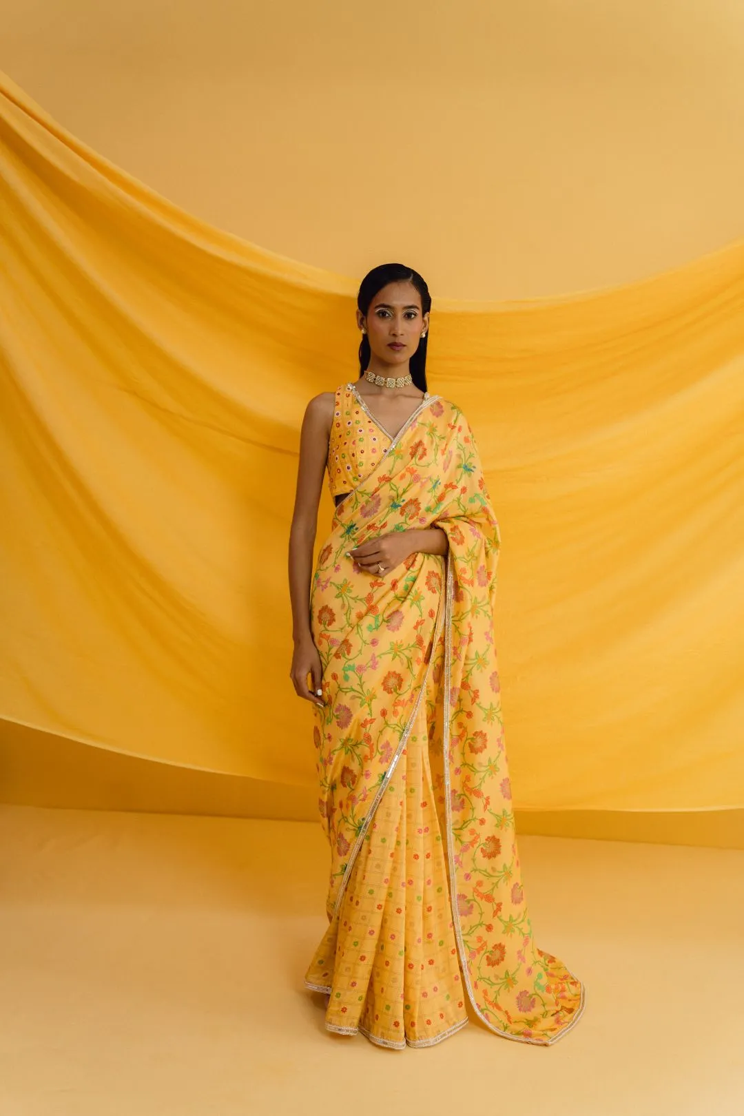 Printed Amber Saree Set with Matching Hand Embroidered Blouse