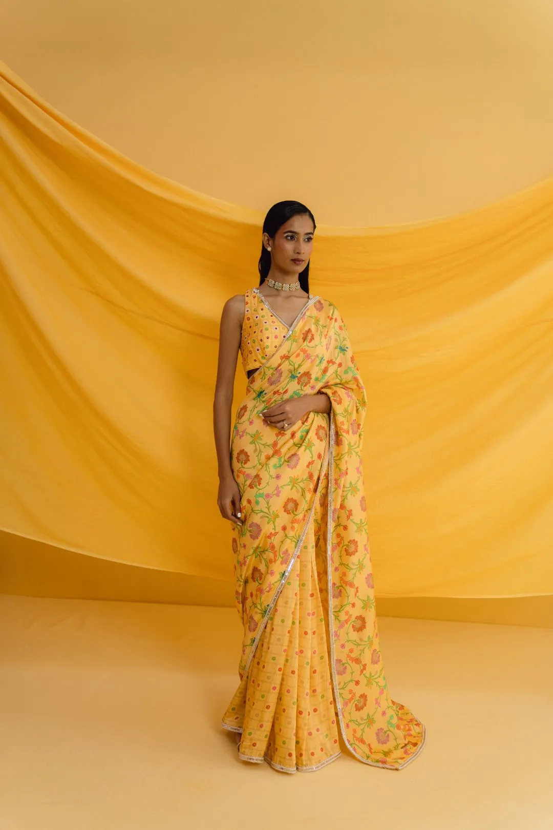 Printed Amber Saree Set with Matching Hand Embroidered Blouse