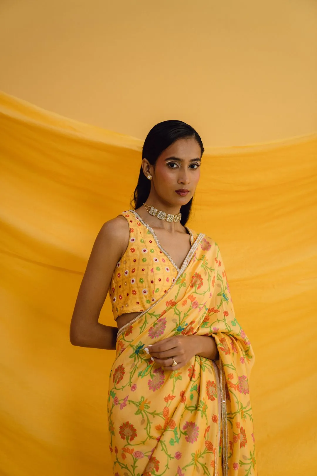 Printed Amber Saree Set with Matching Hand Embroidered Blouse