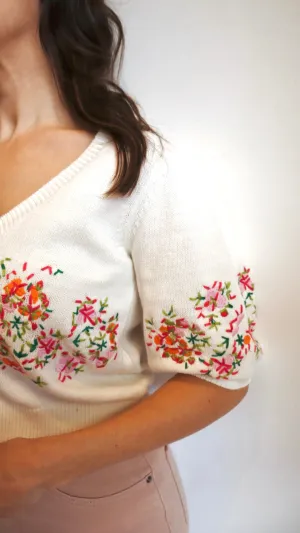 Puff-Sleeve Embroidered Sweater