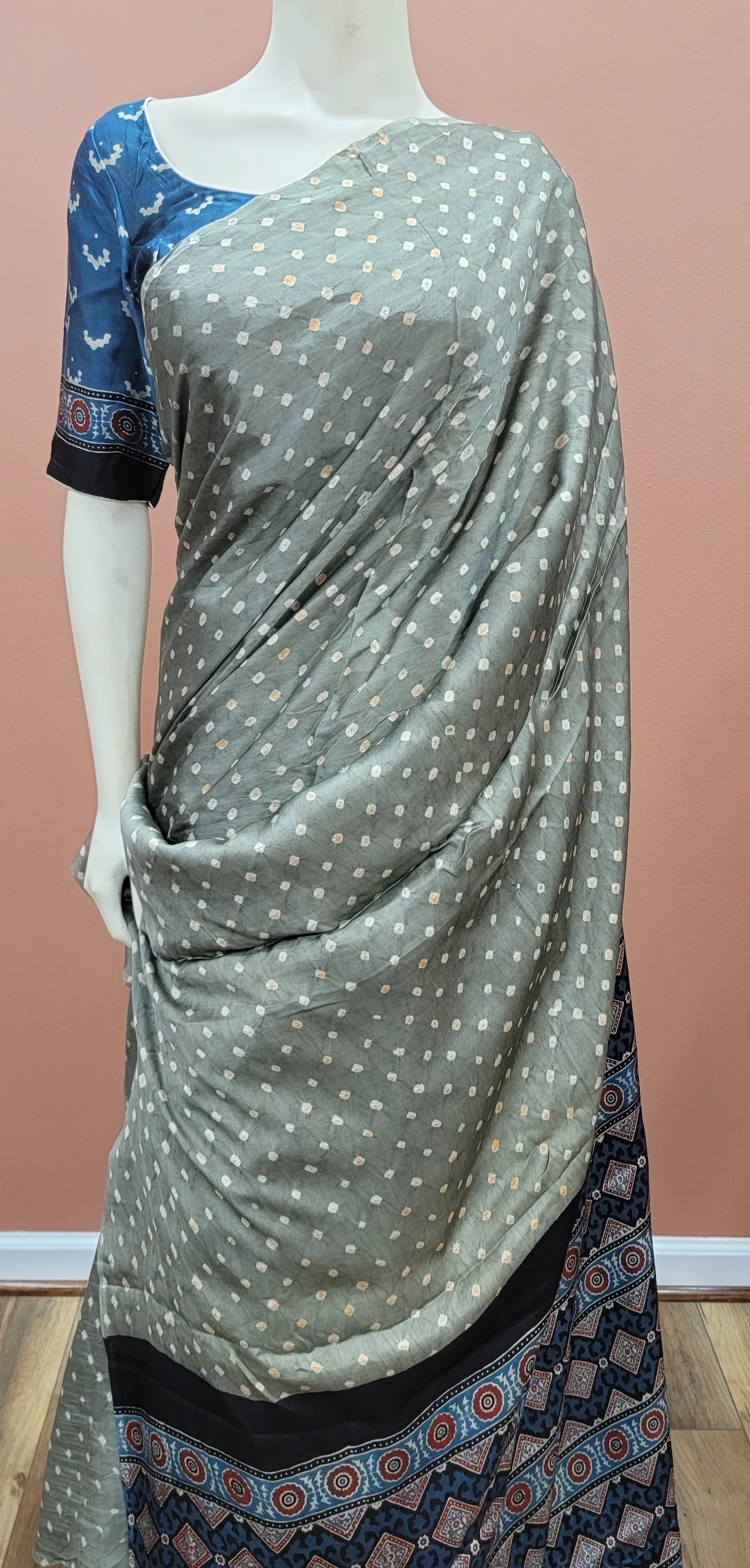 Pure Modal Silk Ajrakh Pallu Saree w/ Blouse