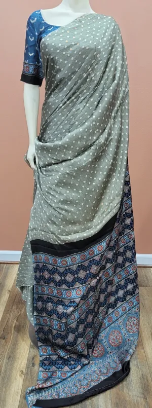 Pure Modal Silk Ajrakh Pallu Saree w/ Blouse