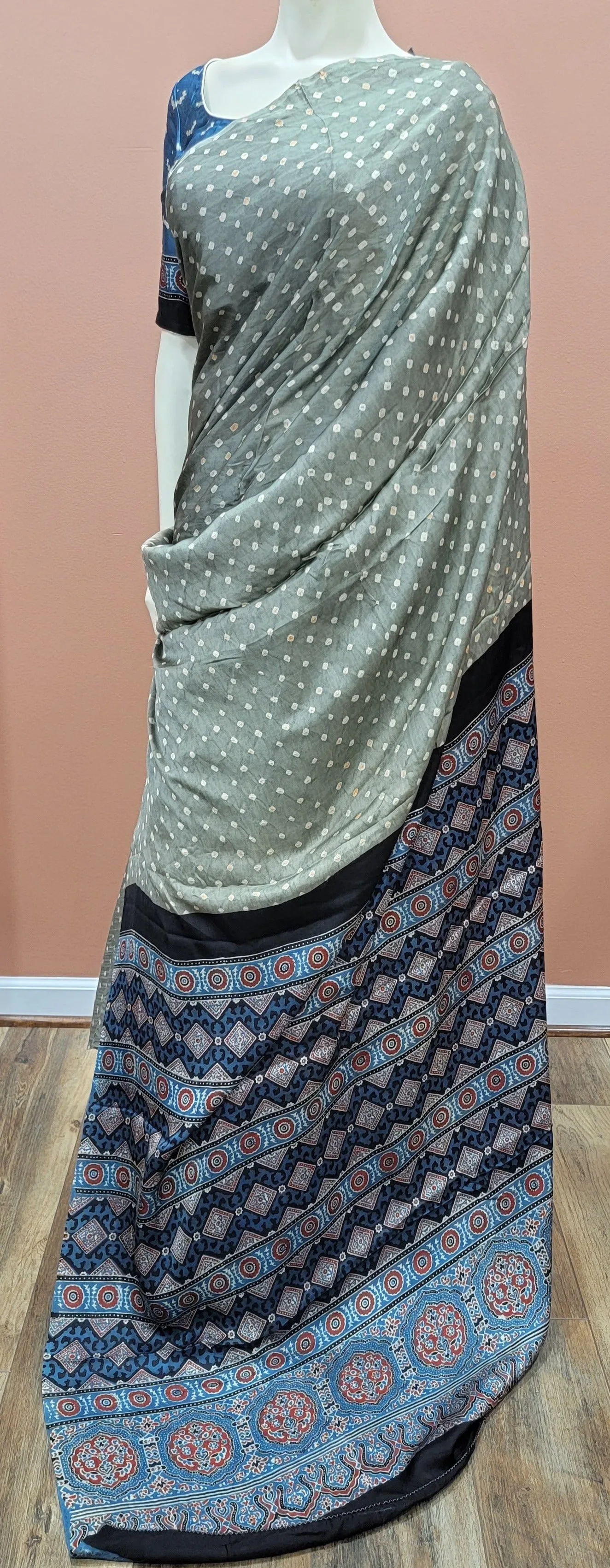 Pure Modal Silk Ajrakh Pallu Saree w/ Blouse