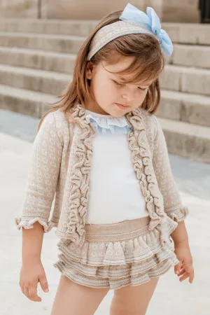 "Eliza" Camel & Baby Blue Knit Cardigan, Blouse & Bloomers