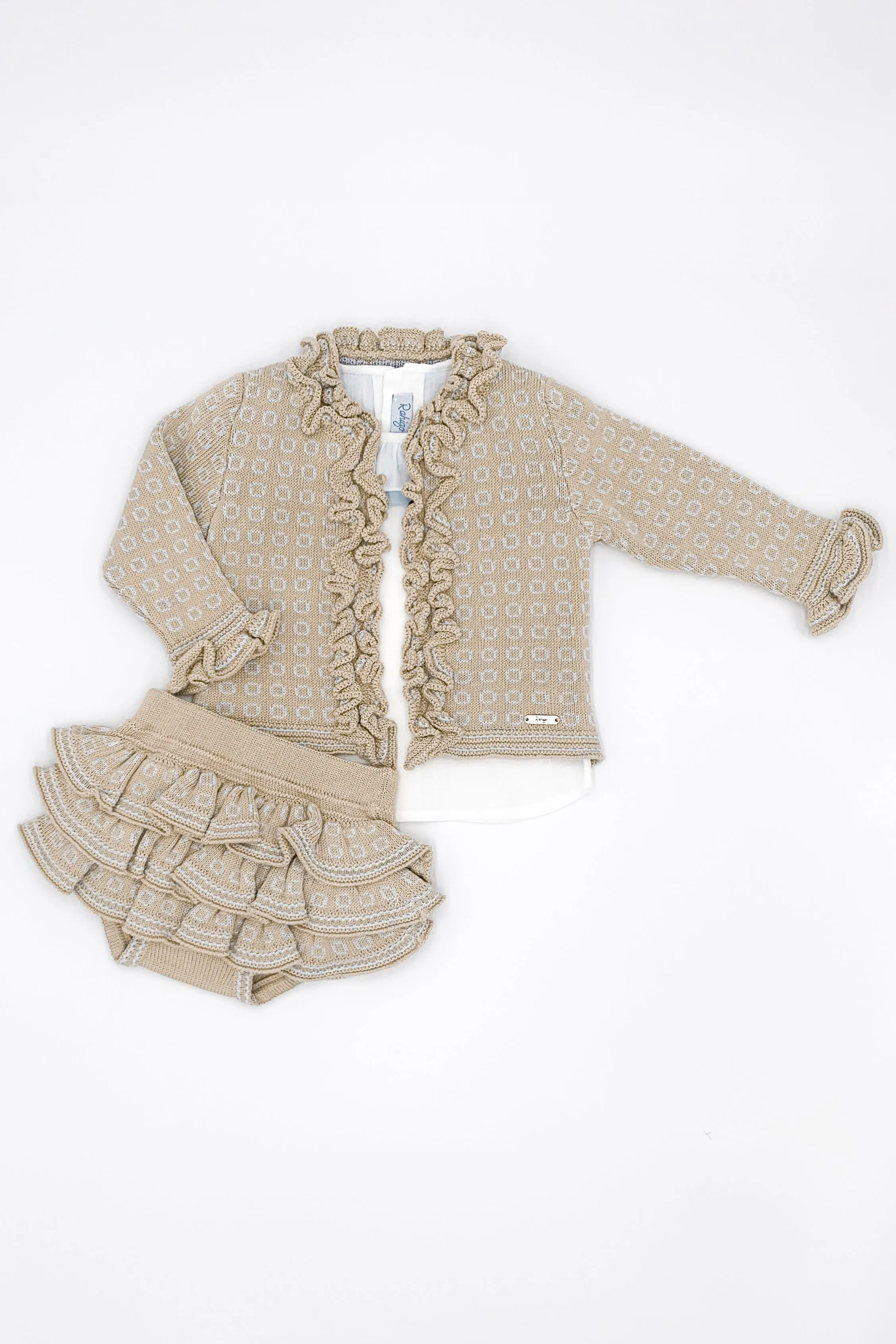 "Eliza" Camel & Baby Blue Knit Cardigan, Blouse & Bloomers