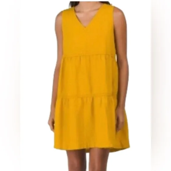 RACHEL Zoe Size Medium Yellow 100% Linen Sleeveless Tiered Shift Dress