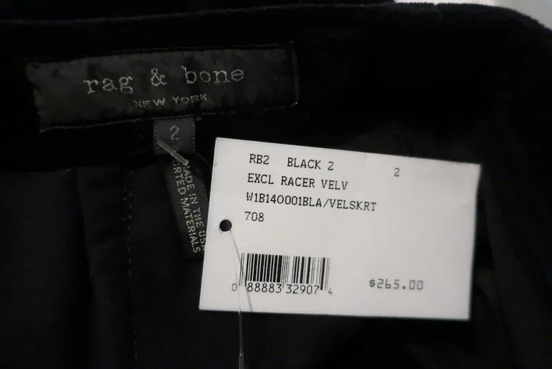 Rag & Bone Mini Skirt Racer Black Velvet Size 2 NEW
