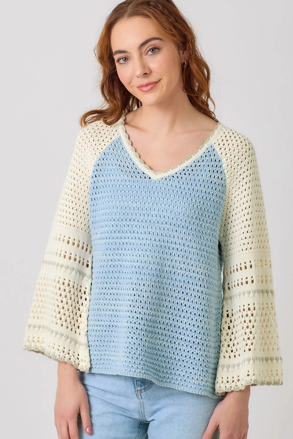 Raglan Sleeve Crochet Sweater - Blue