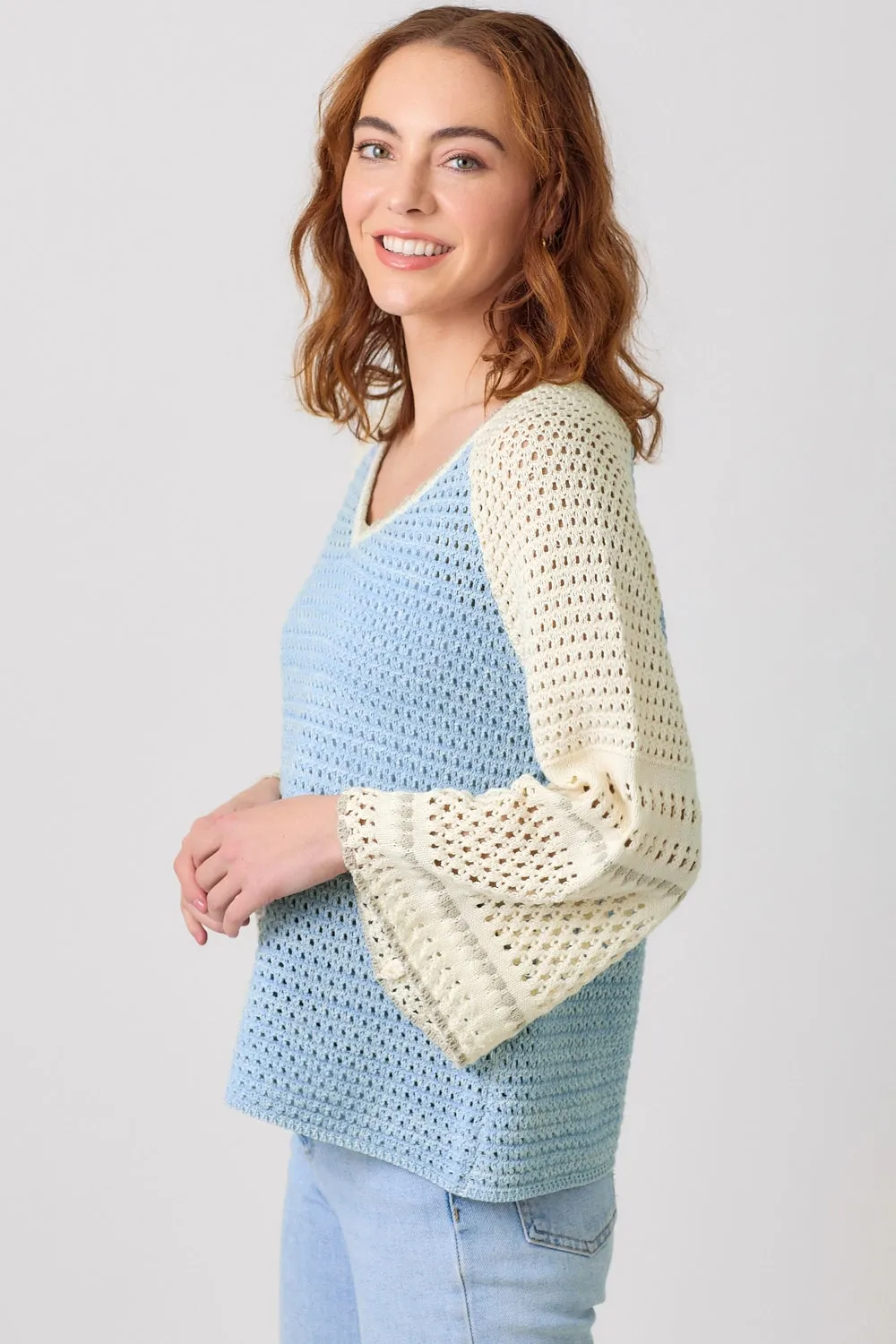 Raglan Sleeve Crochet Sweater - Blue