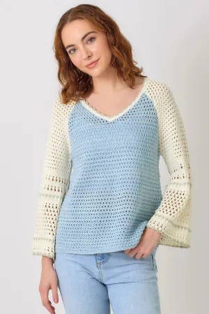 Raglan Sleeve Crochet Sweater - Blue
