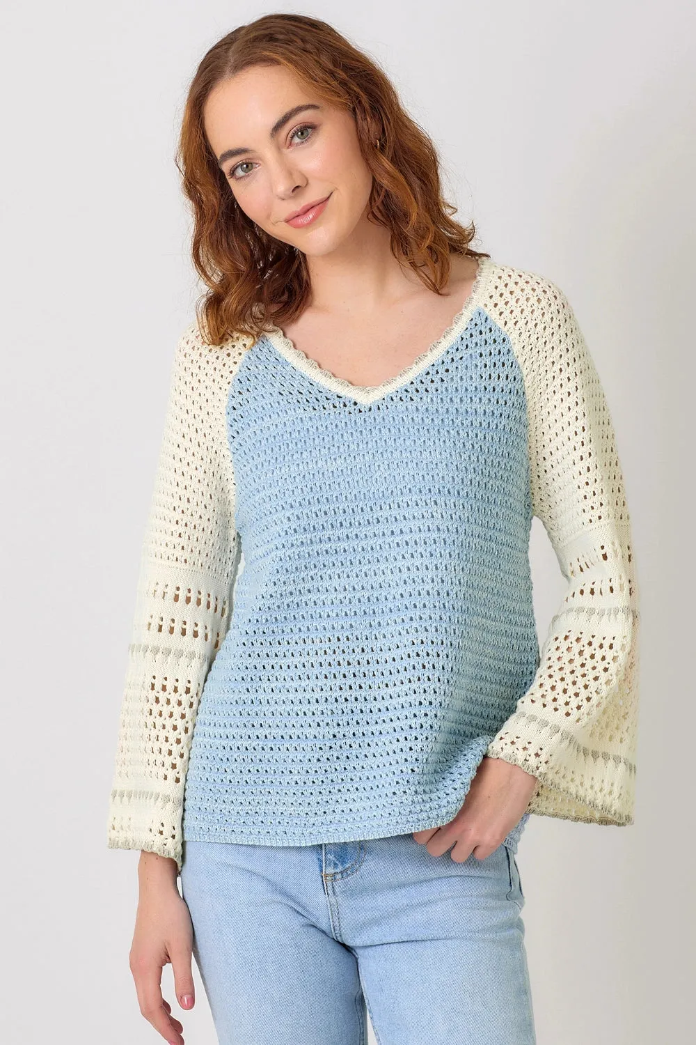 Raglan Sleeve Crochet Sweater - Blue