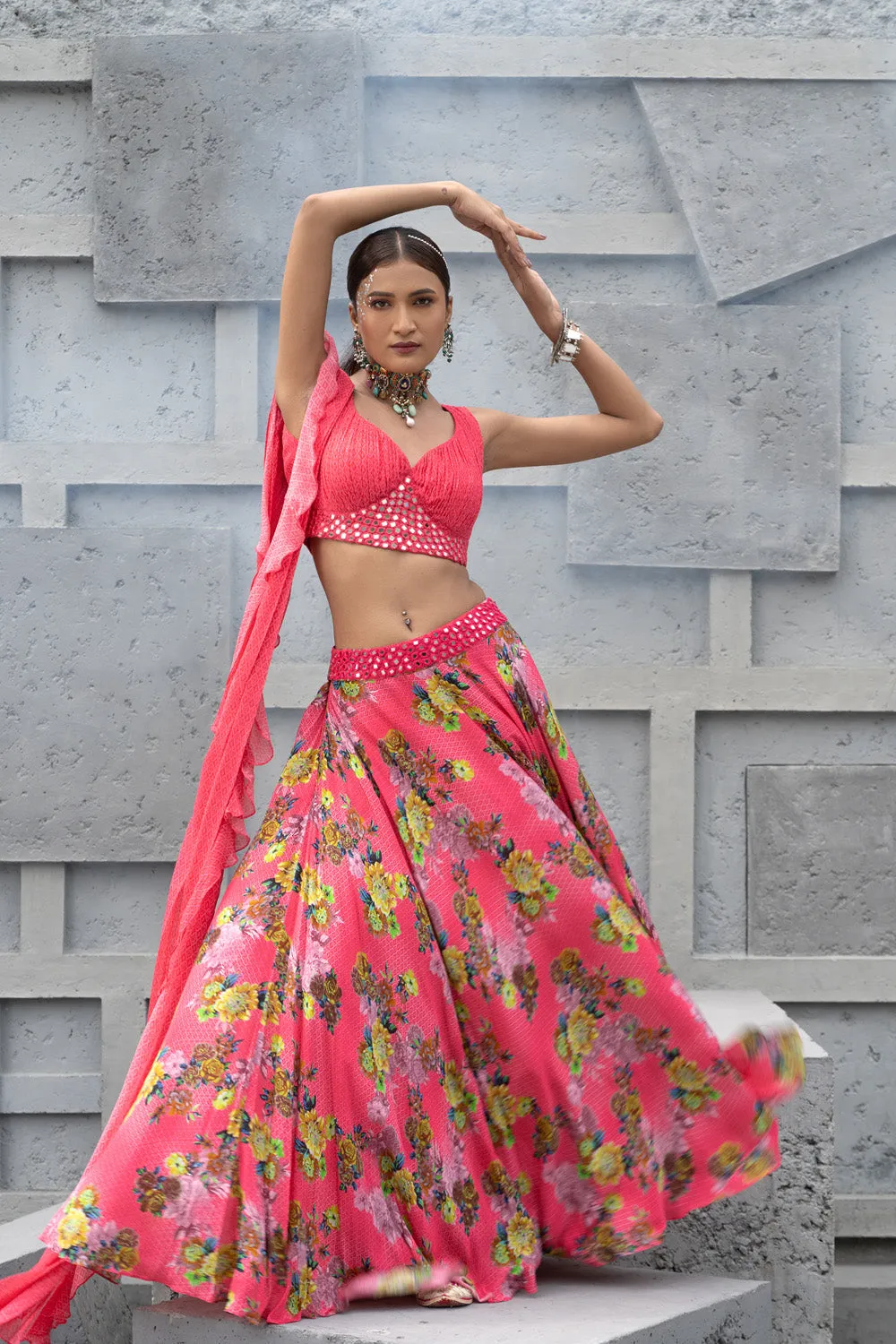 Raspberry Printed Lehenga Set