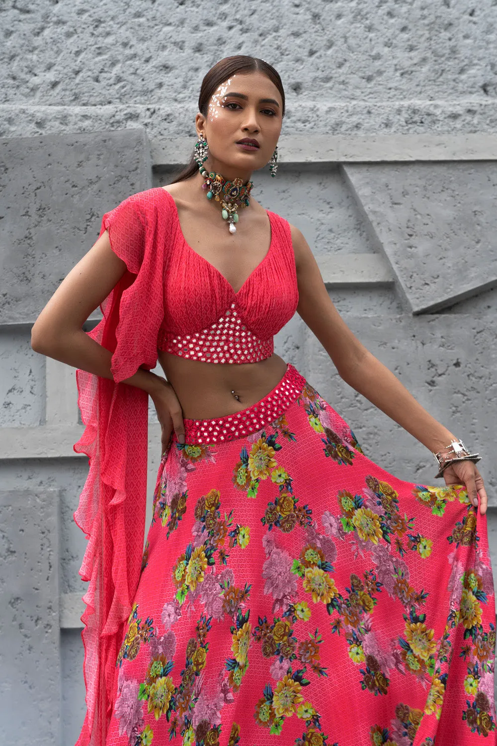 Raspberry Printed Lehenga Set