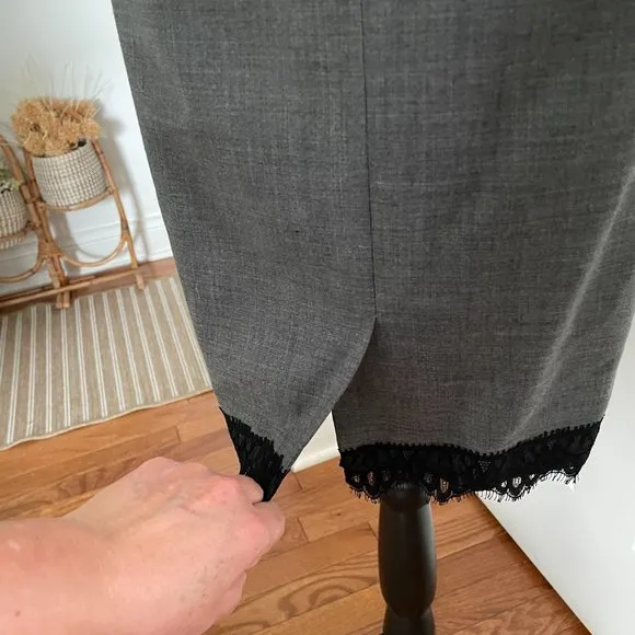 REBECCA TAYLOR Charcoal Gray 43% Virgin Wool Black Lace Hem Pencil Skirt Sz 8