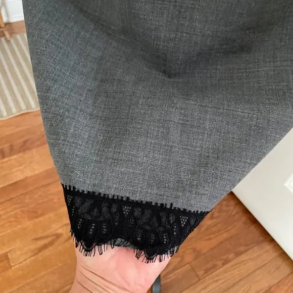 REBECCA TAYLOR Charcoal Gray 43% Virgin Wool Black Lace Hem Pencil Skirt Sz 8