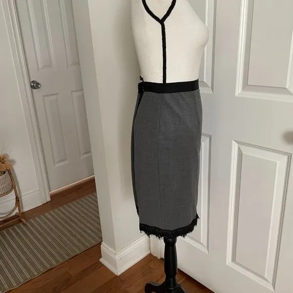 REBECCA TAYLOR Charcoal Gray 43% Virgin Wool Black Lace Hem Pencil Skirt Sz 8