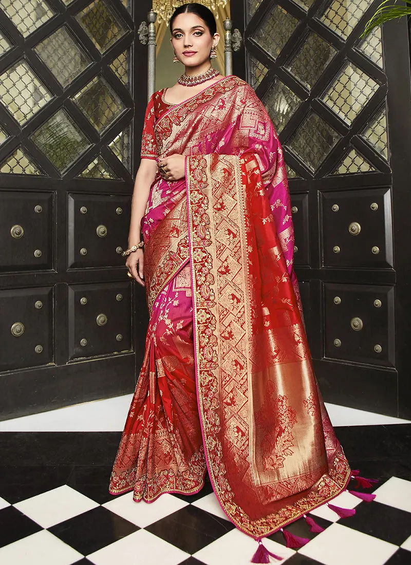 Red And Pink Handwork Embroidery Silk Saree