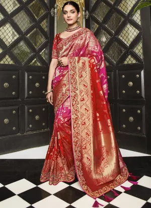 Red And Pink Handwork Embroidery Silk Saree