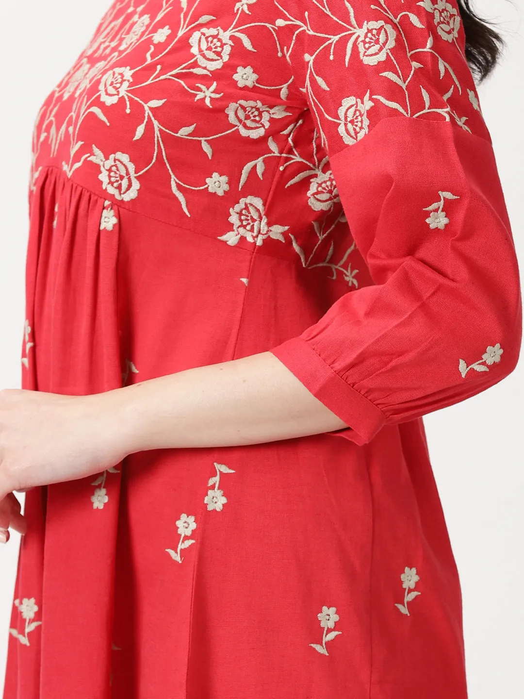 Red Boho Embroidered Midi Dress