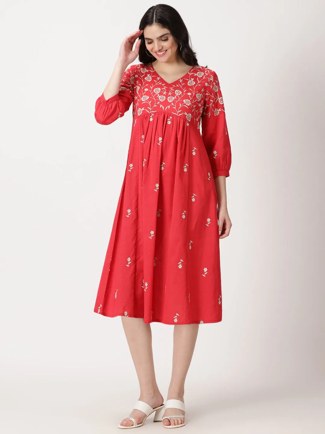 Red Boho Embroidered Midi Dress