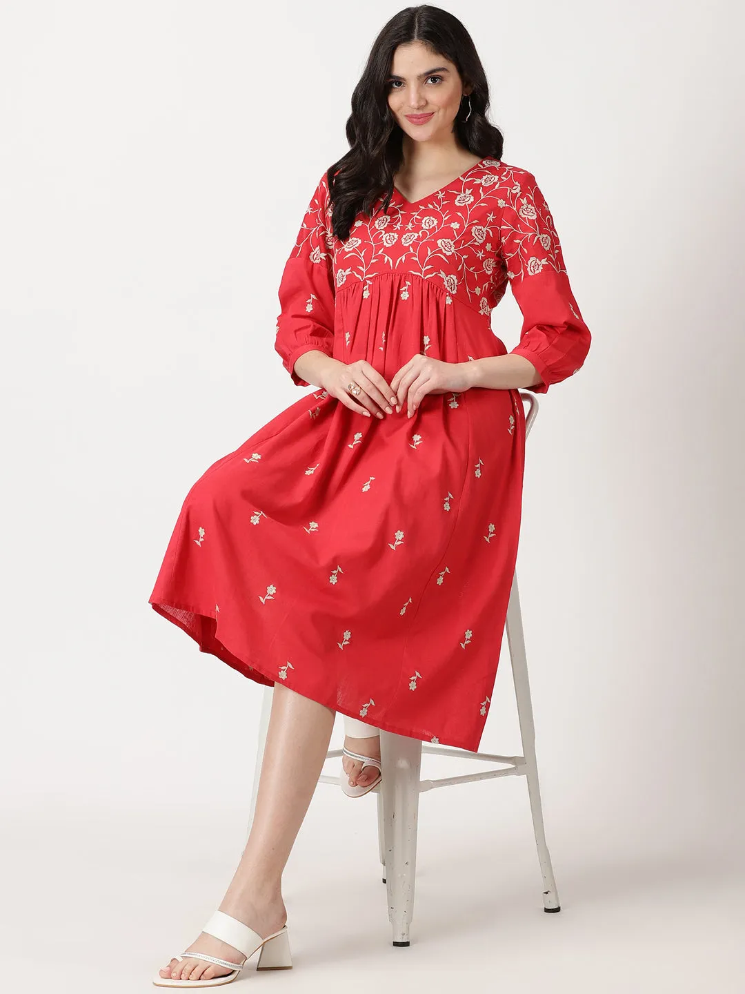 Red Boho Embroidered Midi Dress