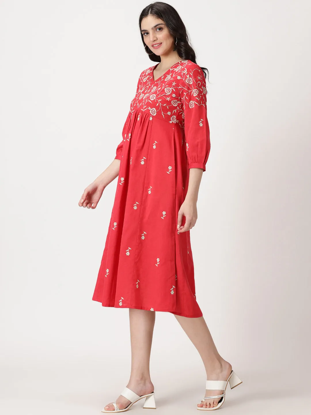 Red Boho Embroidered Midi Dress