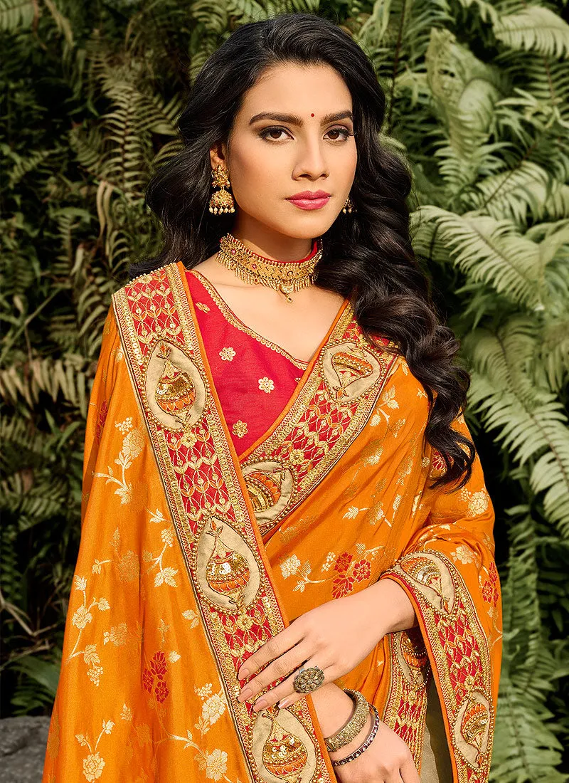 Red Orange Embroidered Silk Saree