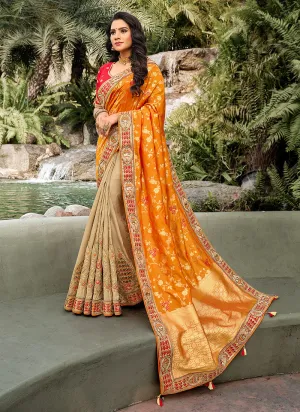 Red Orange Embroidered Silk Saree