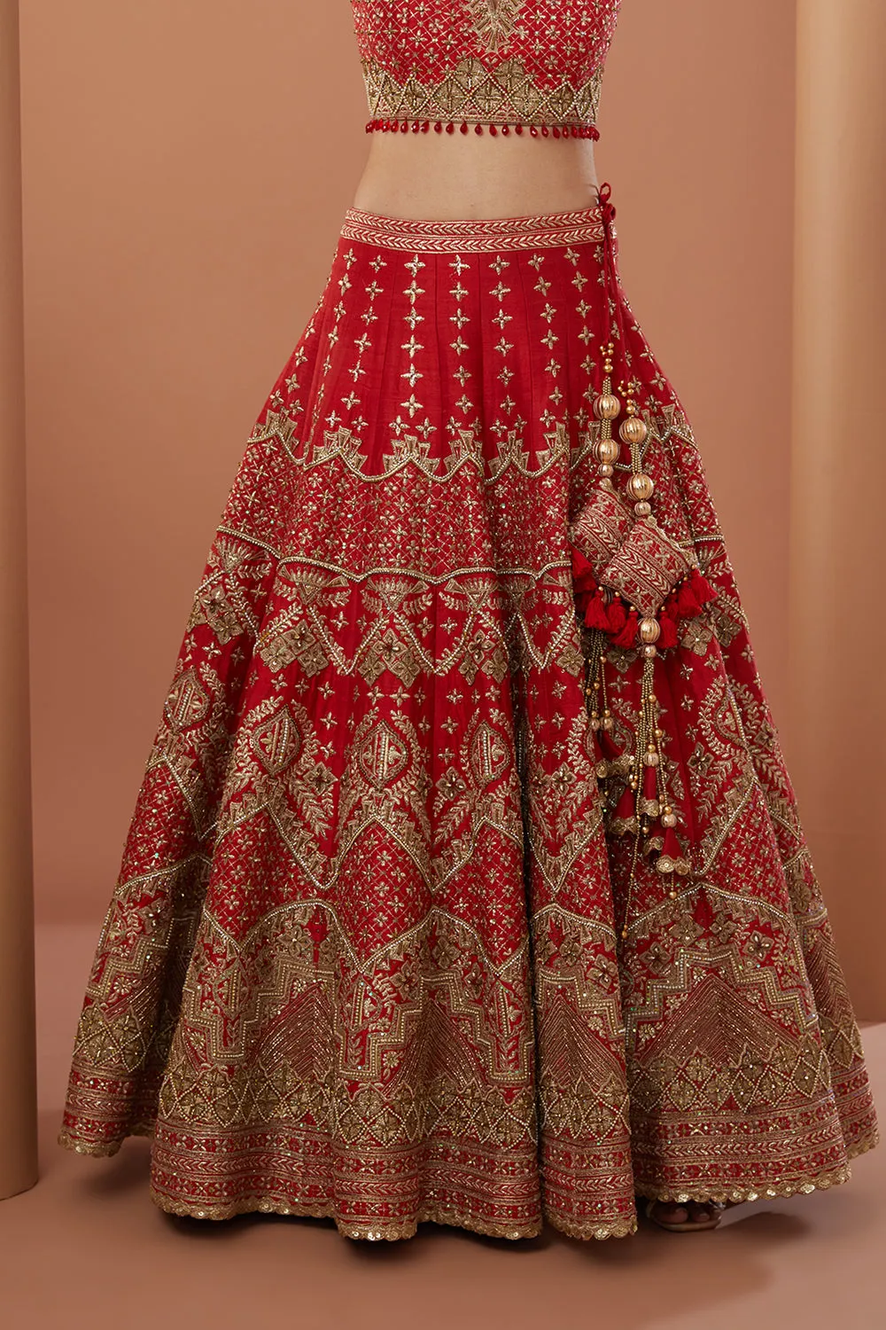 Red Raw Silk Hand Embroidered Lehanga Set